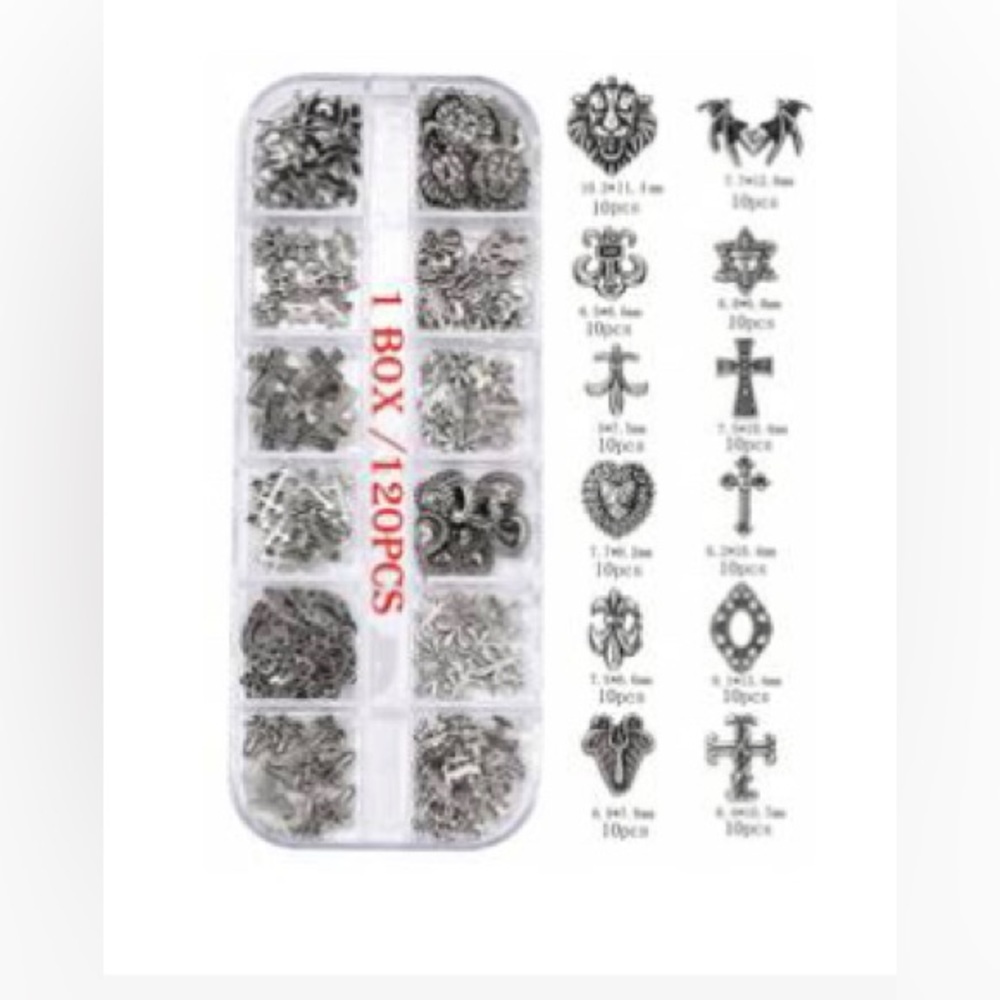 NEW 120pcs Vintage Dark Style Nail Art Patch y2k Metal Cross Nail Ornament box
